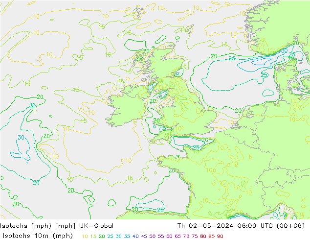 Isotachs (mph) UK-Global gio 02.05.2024 06 UTC