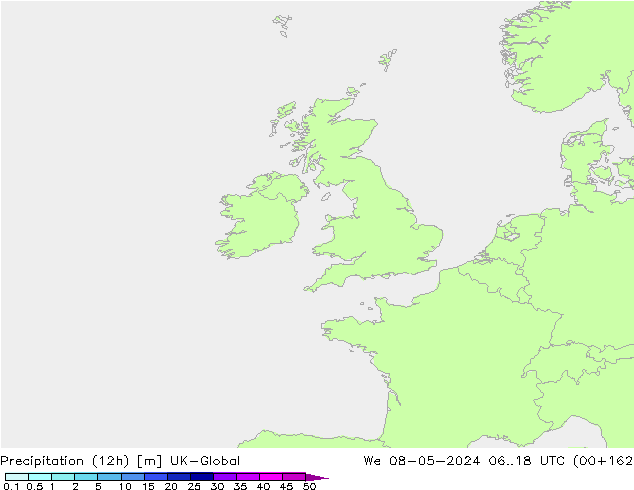 Totale neerslag (12h) UK-Global wo 08.05.2024 18 UTC