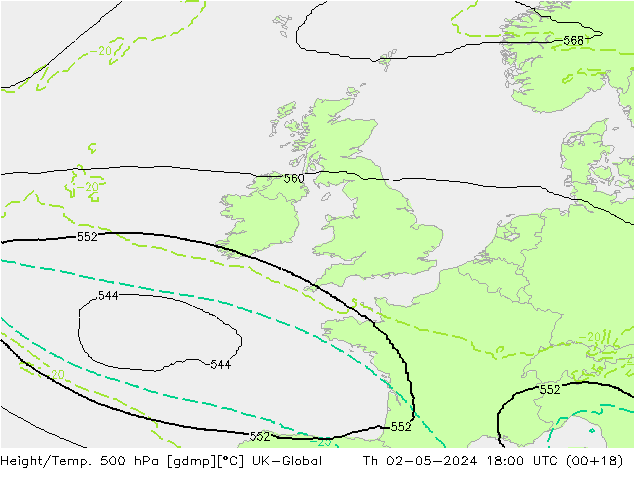 Height/Temp. 500 hPa UK-Global gio 02.05.2024 18 UTC