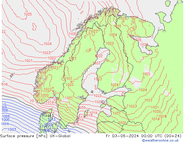 Pressione al suolo UK-Global ven 03.05.2024 00 UTC