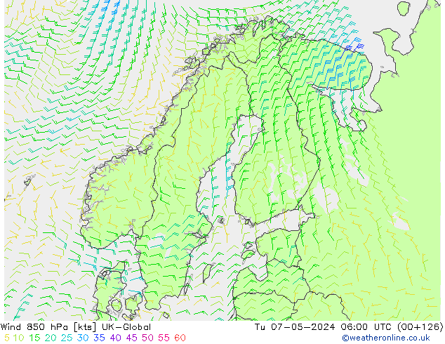 Wind 850 hPa UK-Global Tu 07.05.2024 06 UTC