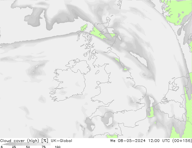Cloud cover (high) UK-Global We 08.05.2024 12 UTC
