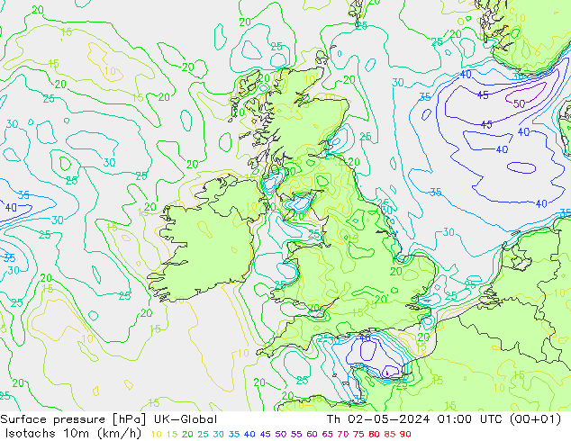 Isotachs (kph) UK-Global Th 02.05.2024 01 UTC