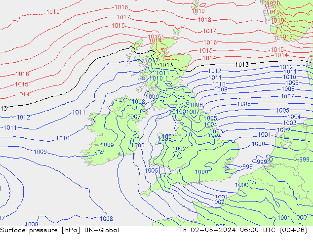 Pressione al suolo UK-Global gio 02.05.2024 06 UTC