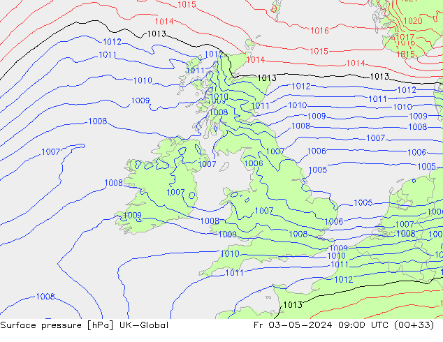 Pressione al suolo UK-Global ven 03.05.2024 09 UTC