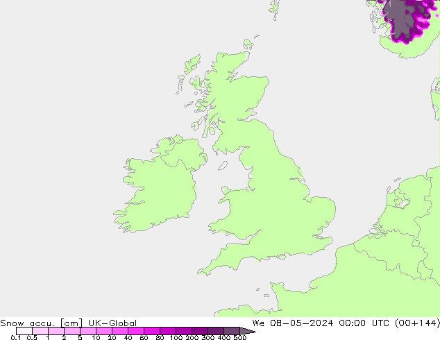 Snow accu. UK-Global śro. 08.05.2024 00 UTC