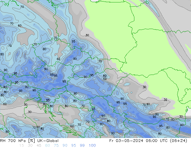 Humidité rel. 700 hPa UK-Global ven 03.05.2024 06 UTC