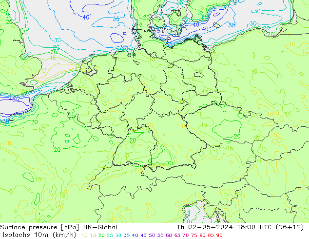 Isotachs (kph) UK-Global gio 02.05.2024 18 UTC