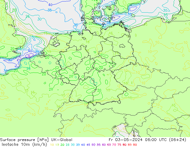 Isotachen (km/h) UK-Global Fr 03.05.2024 06 UTC