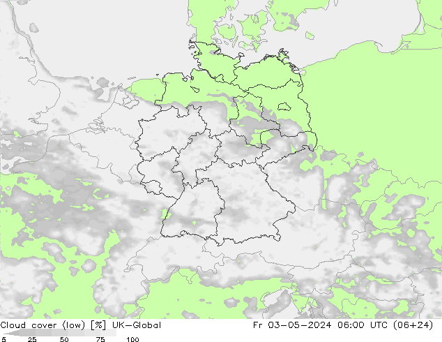 Cloud cover (low) UK-Global Fr 03.05.2024 06 UTC