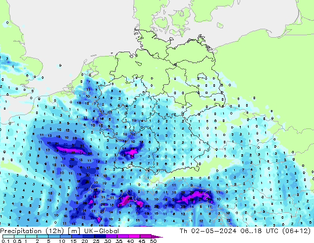 Precipitación (12h) UK-Global jue 02.05.2024 18 UTC