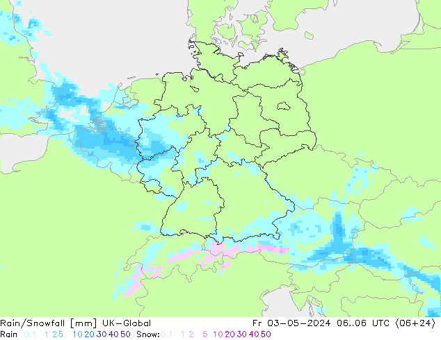 Rain/Snowfall UK-Global пт 03.05.2024 06 UTC