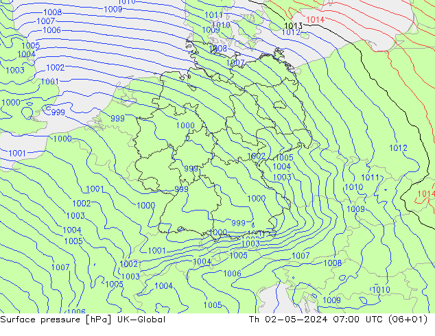 Presión superficial UK-Global jue 02.05.2024 07 UTC
