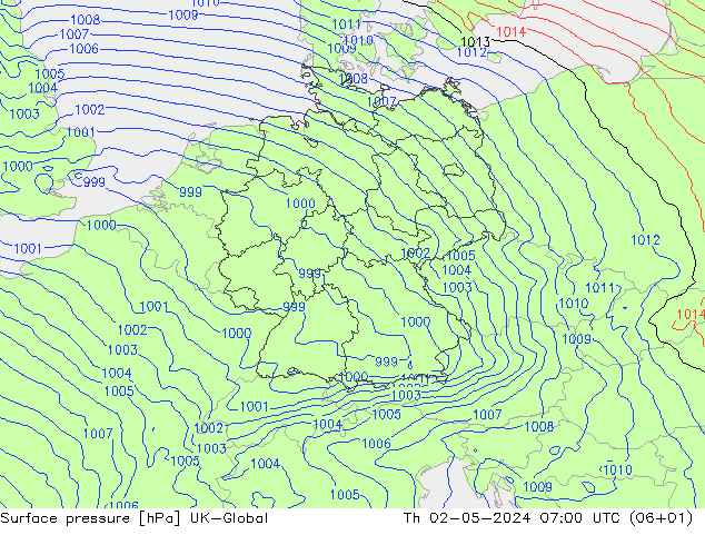 Surface pressure UK-Global Th 02.05.2024 07 UTC