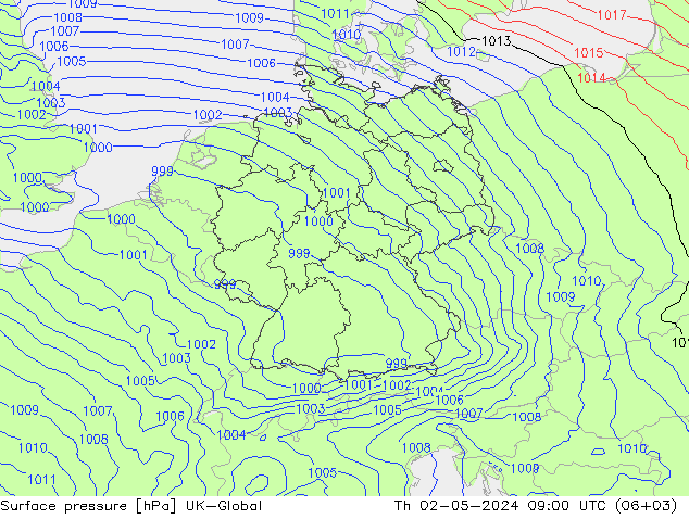 Presión superficial UK-Global jue 02.05.2024 09 UTC