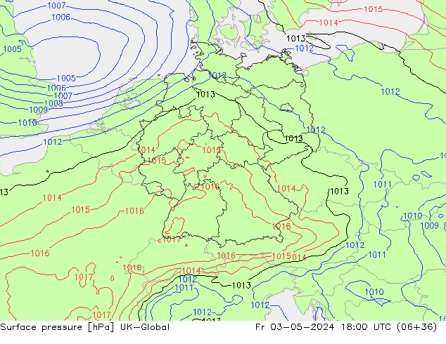 Pressione al suolo UK-Global ven 03.05.2024 18 UTC