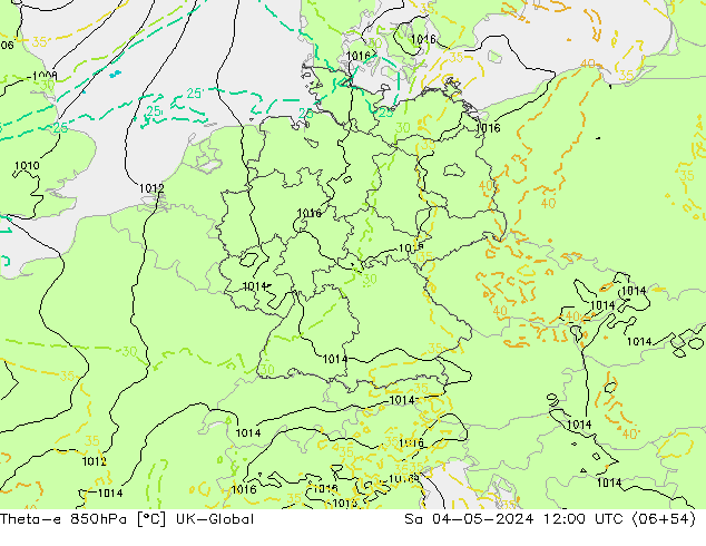 Theta-e 850hPa UK-Global so. 04.05.2024 12 UTC