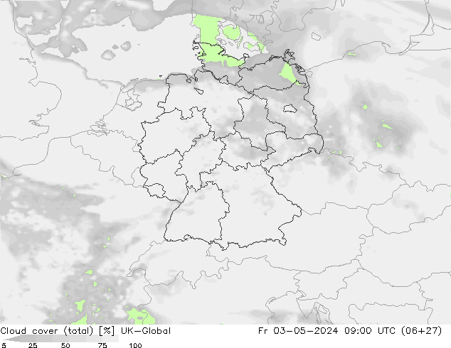 Cloud cover (total) UK-Global Fr 03.05.2024 09 UTC