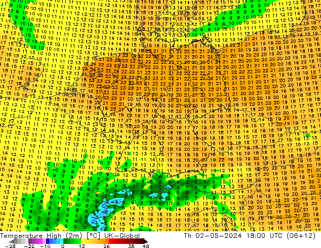 Temperature High (2m) UK-Global Th 02.05.2024 18 UTC