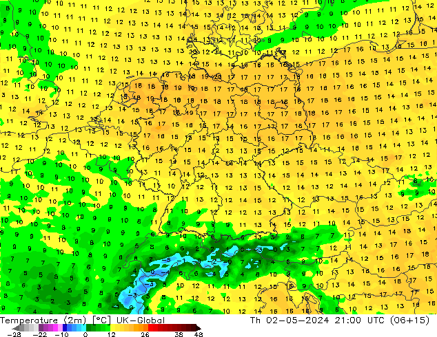 Temperatura (2m) UK-Global Qui 02.05.2024 21 UTC