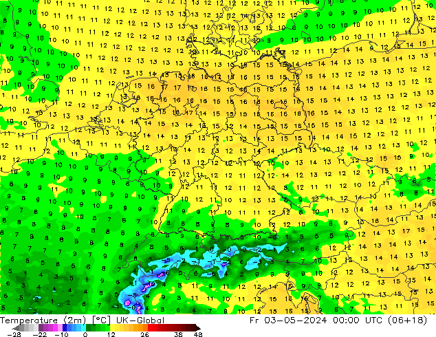 Temperatura (2m) UK-Global Sex 03.05.2024 00 UTC