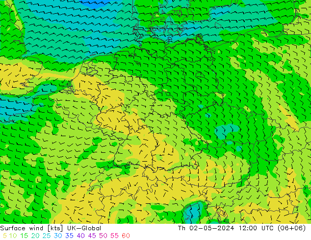 Surface wind UK-Global Čt 02.05.2024 12 UTC