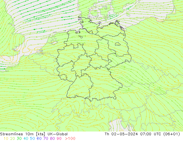 Streamlines 10m UK-Global Th 02.05.2024 07 UTC