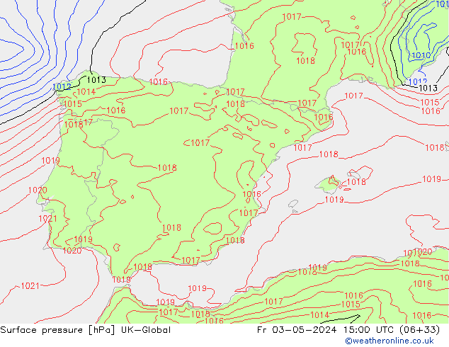 Pressione al suolo UK-Global ven 03.05.2024 15 UTC