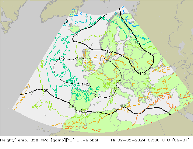 Hoogte/Temp. 850 hPa UK-Global do 02.05.2024 07 UTC