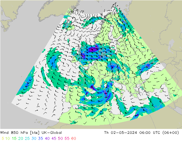 Wind 850 hPa UK-Global Th 02.05.2024 06 UTC