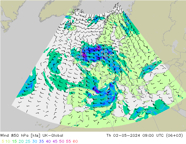 Wind 850 hPa UK-Global Th 02.05.2024 09 UTC