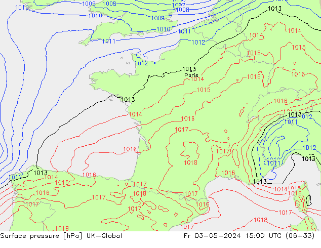 Pressione al suolo UK-Global ven 03.05.2024 15 UTC
