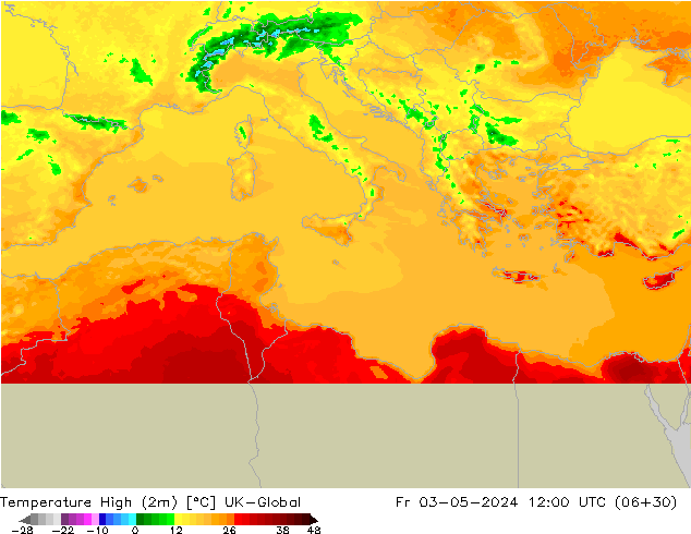 Temperature High (2m) UK-Global Fr 03.05.2024 12 UTC