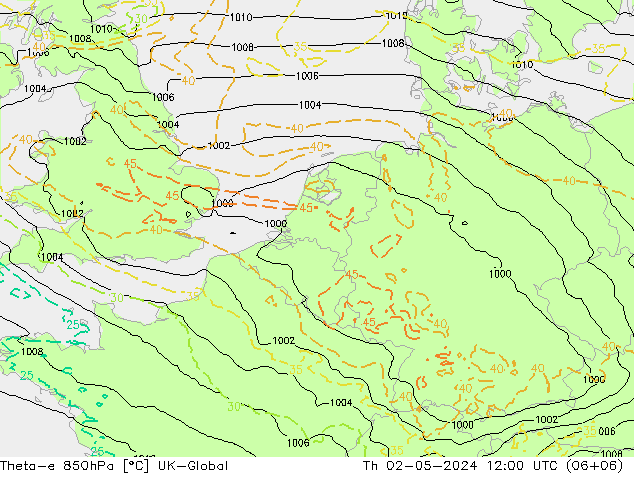 Theta-e 850hPa UK-Global jue 02.05.2024 12 UTC