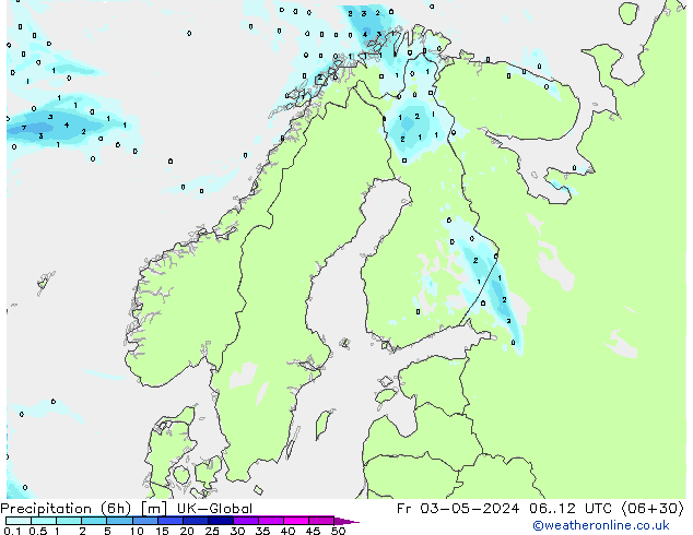 Precipitation (6h) UK-Global Fr 03.05.2024 12 UTC