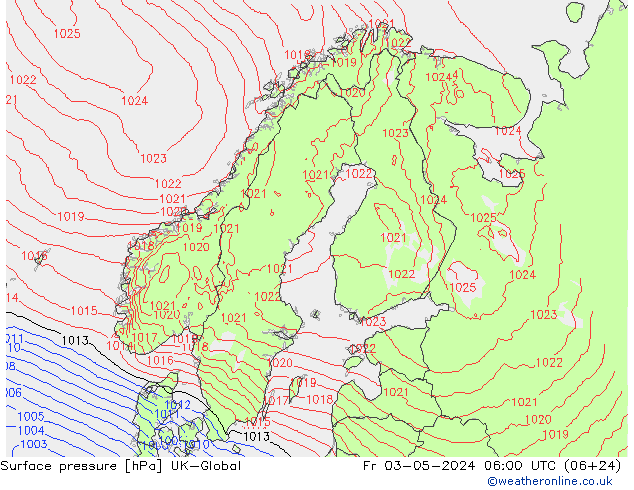 Pressione al suolo UK-Global ven 03.05.2024 06 UTC