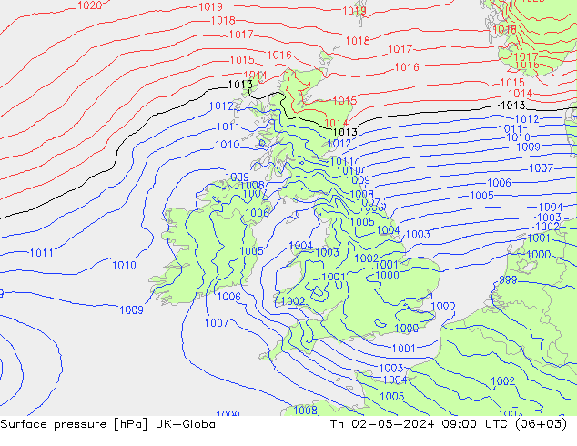 Pressione al suolo UK-Global gio 02.05.2024 09 UTC