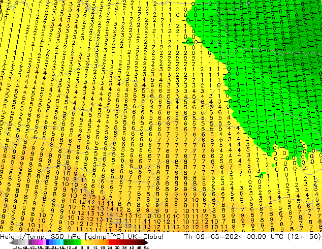 Height/Temp. 850 hPa UK-Global Th 09.05.2024 00 UTC