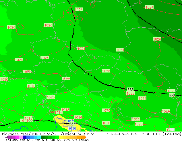 Thck 500-1000гПа UK-Global чт 09.05.2024 12 UTC