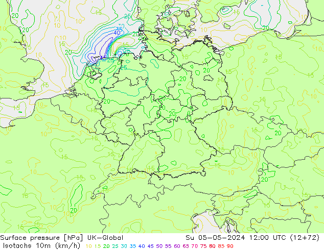 Izotacha (km/godz) UK-Global nie. 05.05.2024 12 UTC