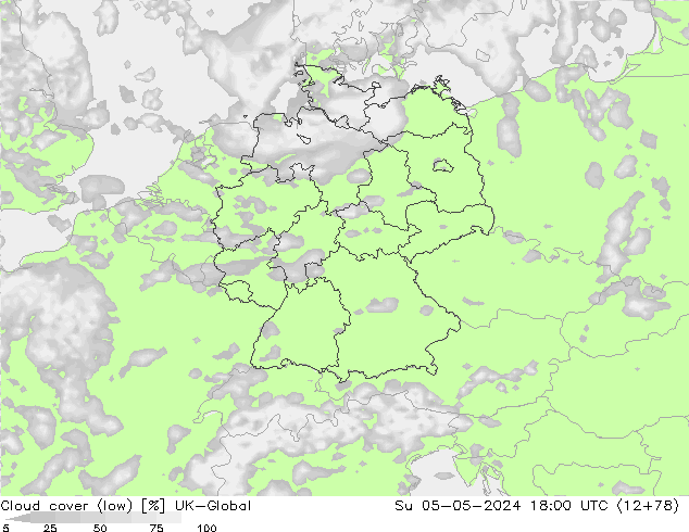 Bewolking (Laag) UK-Global zo 05.05.2024 18 UTC