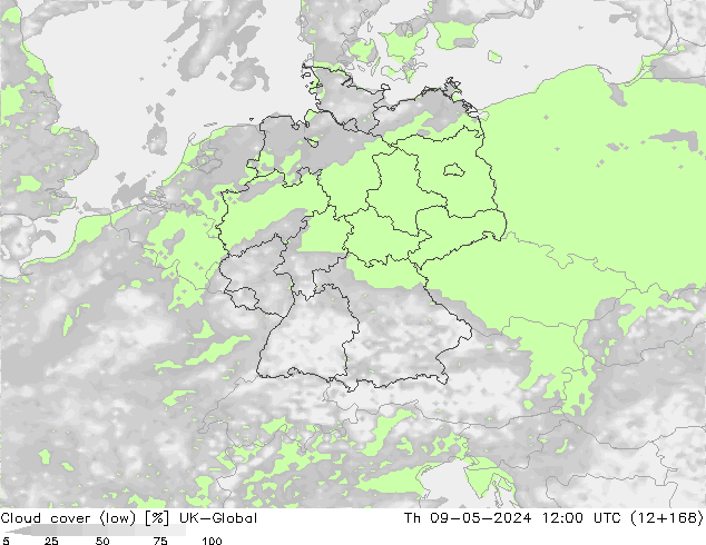 Cloud cover (low) UK-Global Th 09.05.2024 12 UTC