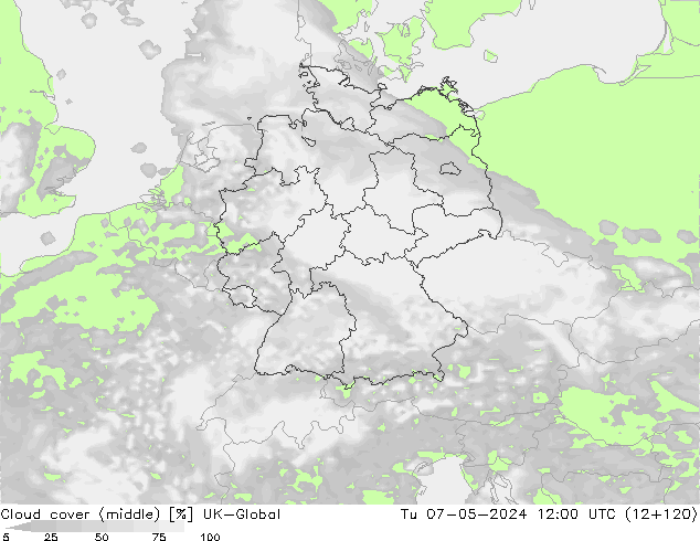 Cloud cover (middle) UK-Global Tu 07.05.2024 12 UTC