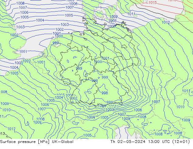 Pressione al suolo UK-Global gio 02.05.2024 13 UTC