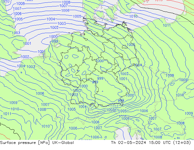 Pressione al suolo UK-Global gio 02.05.2024 15 UTC