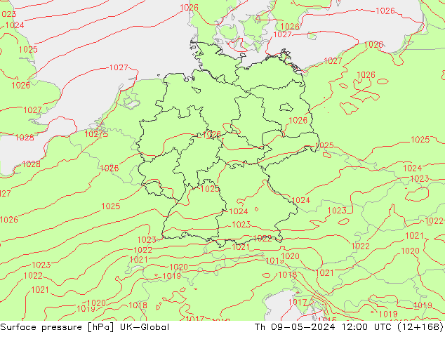 Surface pressure UK-Global Th 09.05.2024 12 UTC