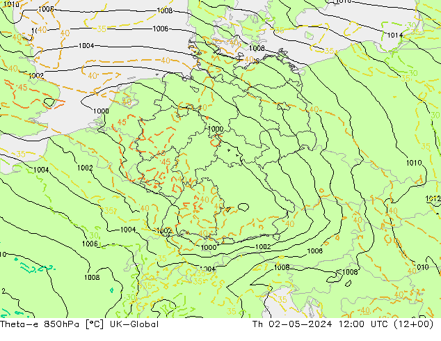 Theta-e 850hPa UK-Global Th 02.05.2024 12 UTC