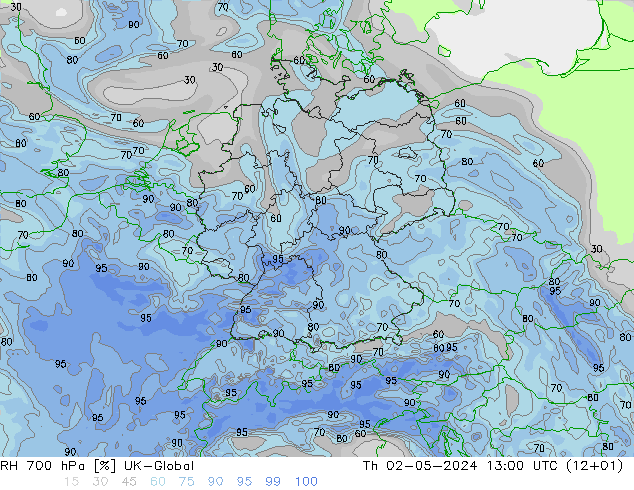 Humedad rel. 700hPa UK-Global jue 02.05.2024 13 UTC