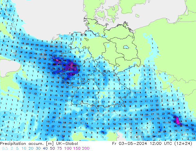 Precipitation accum. UK-Global ven 03.05.2024 12 UTC