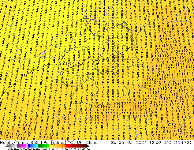 Hoogte/Temp. 850 hPa UK-Global zo 05.05.2024 12 UTC